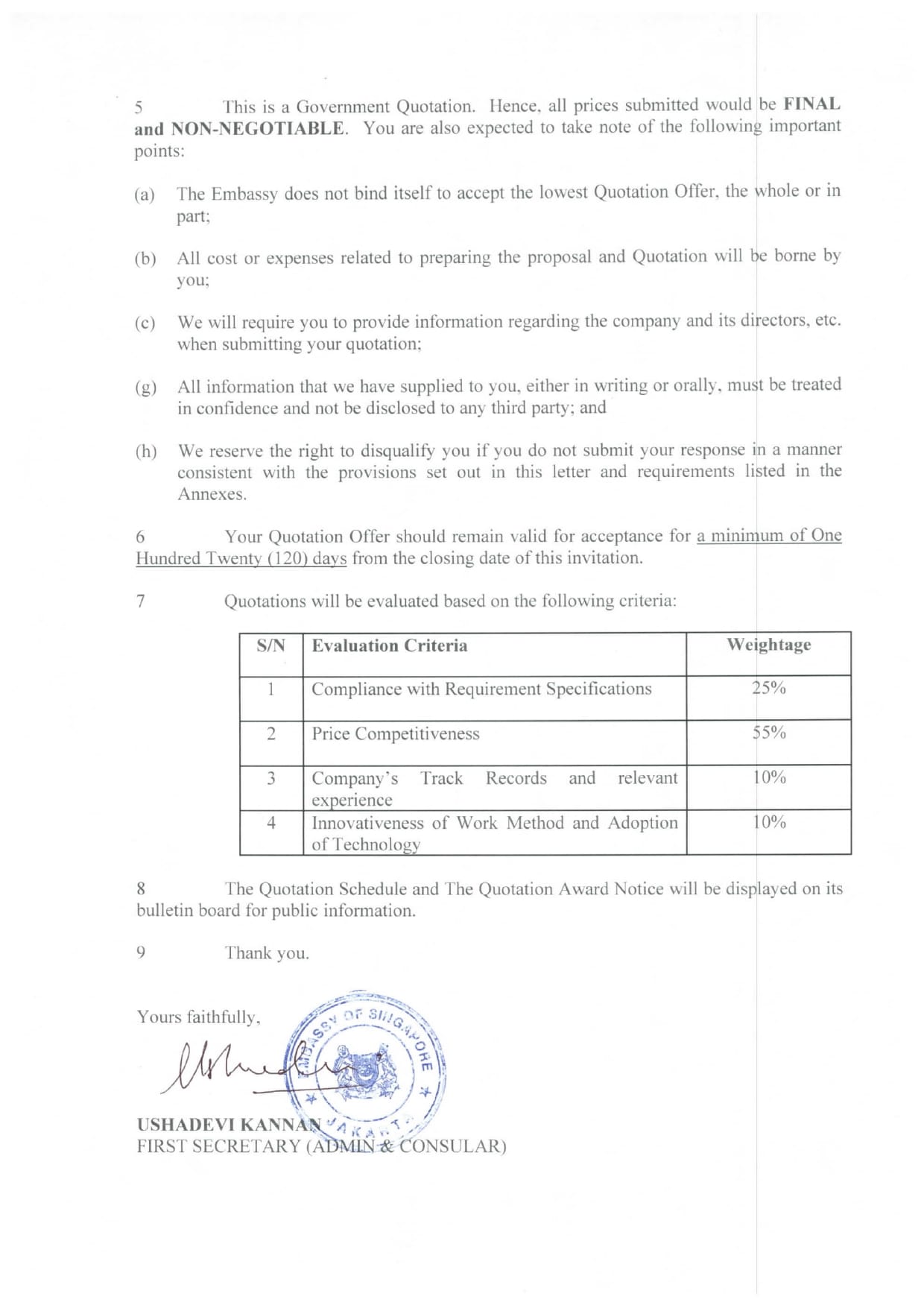 Document with text, table detailing evaluation criteria, signature, and Embassy of Singapore seal.
